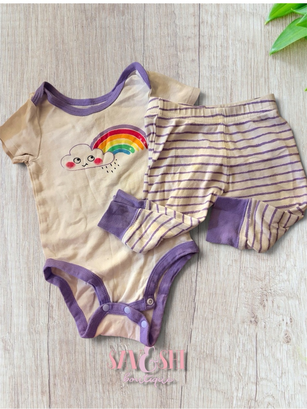 LIttle Star Organic white & Purple Rainbow Baby Onesie and Stripe Pants Set